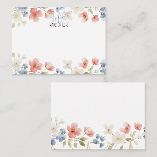 Personalised Blush Watercolour Floral Monogram Notitiekaartje (Voorkant / Achterkant)