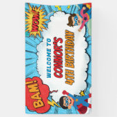 Personalised Boys Superhero Birthday Party Name Spandoek (Verticaal)