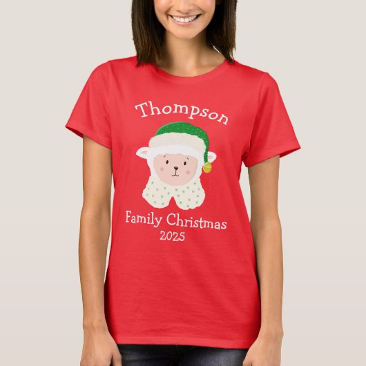 Personalised Christmas Baby Sheep Wearing Elf Hat T-shirt (Voorkant)