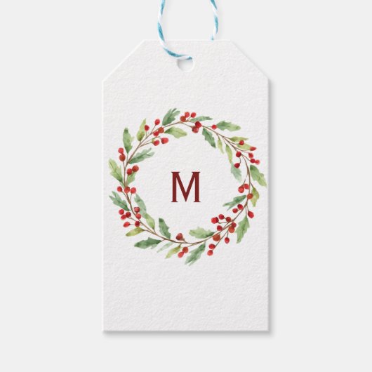 Personalised Christmas Monogram Red-Berry Wreath Cadeaulabel (Voorkant)