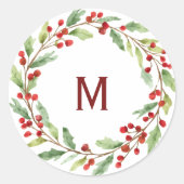 Personalised Christmas Monogram Red-Berry Wreath Ronde Sticker (Voorkant)