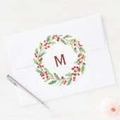 Personalised Christmas Monogram Red-Berry Wreath Ronde Sticker (Envelop)