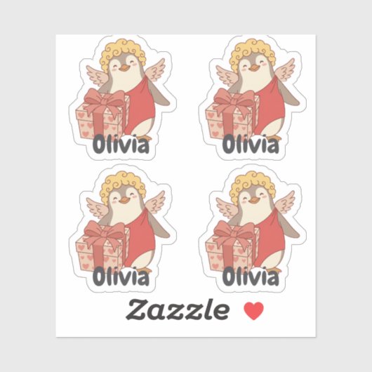 Personalised Cute Penguin Cupid Valentine Stickers (Vel)