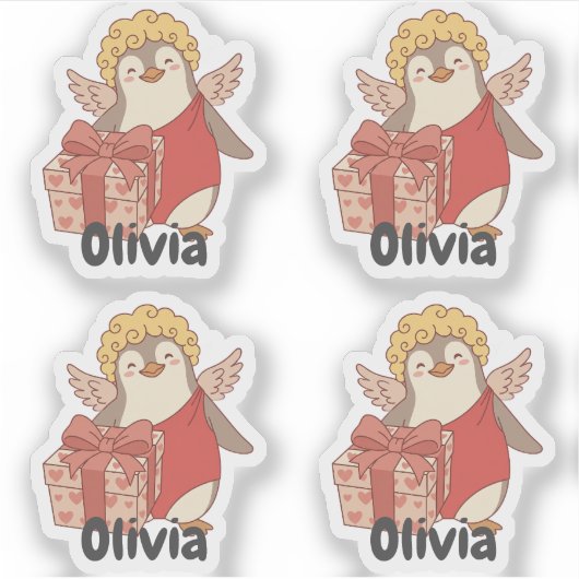 Personalised Cute Penguin Cupid Valentine Stickers (Voorkant)