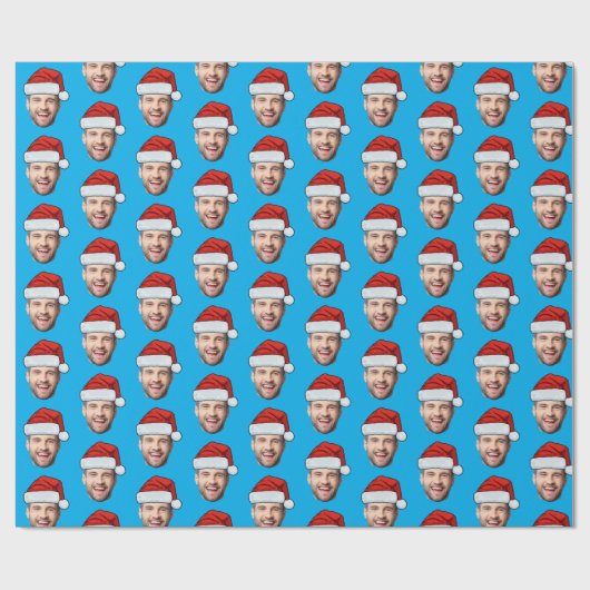 Personalised Face Santa Hat Blue Gift Wrap Cadeaupapier (Vlak)