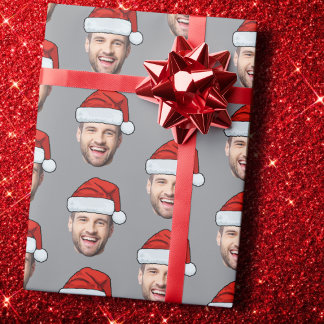 Personalised Face Santa Hat Grey Gift Wrap Cadeaupapier