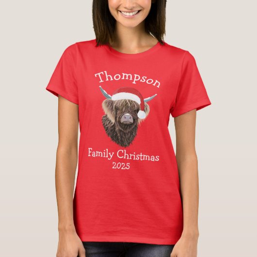 Personalised Family Christmas Highland Cow T-shirt (Voorkant)