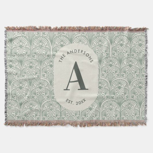 Personalised Family Name Monogram Sage Green Deco Deken (Voorkant)
