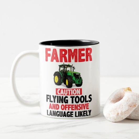 Personalised FARMER 'Mug' Tweekleurige Koffiemok (Met donut)