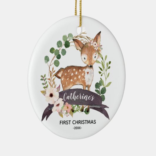 Personalised First Christmas Baby Girl Woodland Keramisch Ornament (Rechts)
