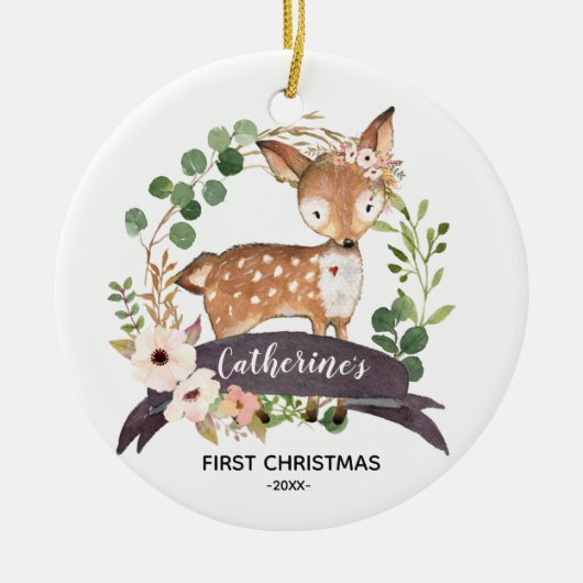 Personalised First Christmas Baby Girl Woodland Keramisch Ornament (Voorkant)