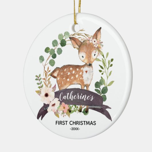 Personalised First Christmas Baby Girl Woodland Keramisch Ornament (Links)