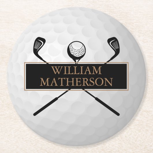 Personalised Gold and Black Golf Ball Classic Ronde Kartonnen Onderzetter (Voorkant)