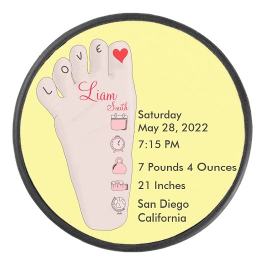 Personalised New Baby Gift Birth Stats Details  Hockey Puck (Voorkant)