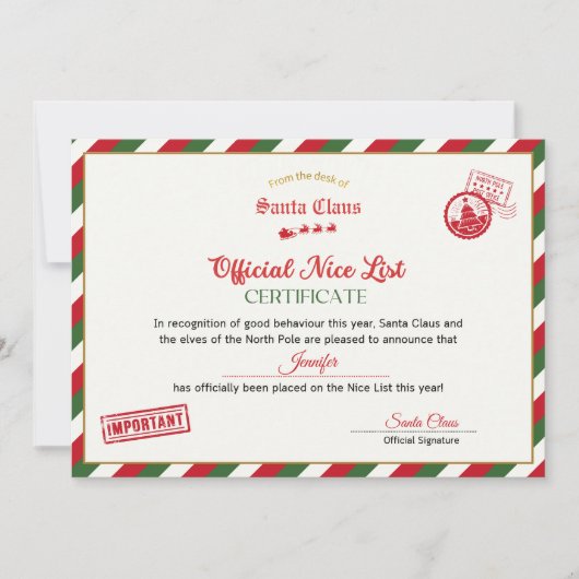 Personalised Official Nice List Certificate Santa Kaart (Voorkant)