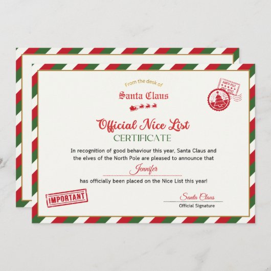 Personalised Official Nice List Certificate Santa Kaart (Voorkant / Achterkant)