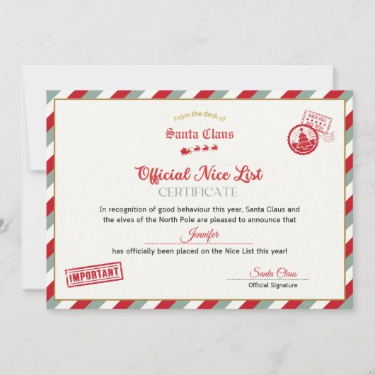 Personalised Official Nice List Certificate Santa Kaart (Voorkant)