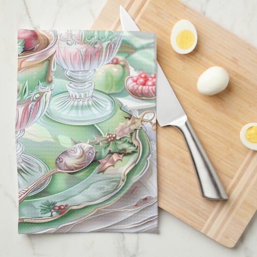 Personalised Pastel Pink & Green Christmas Kitchen Theedoek (Quarter Fold)