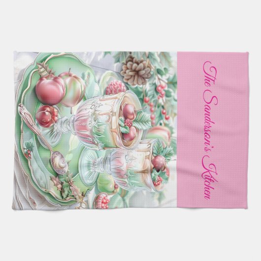 Personalised Pastel Pink & Green Christmas Kitchen Theedoek (Horizontaal)