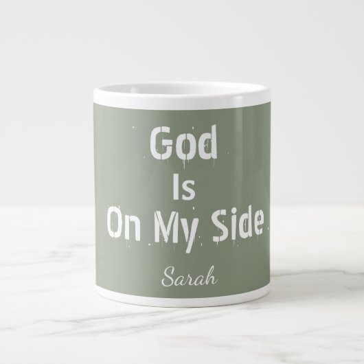 Personalised Sage Green Name God Is On My Side Tea Grote Koffiekop (Voorkant)