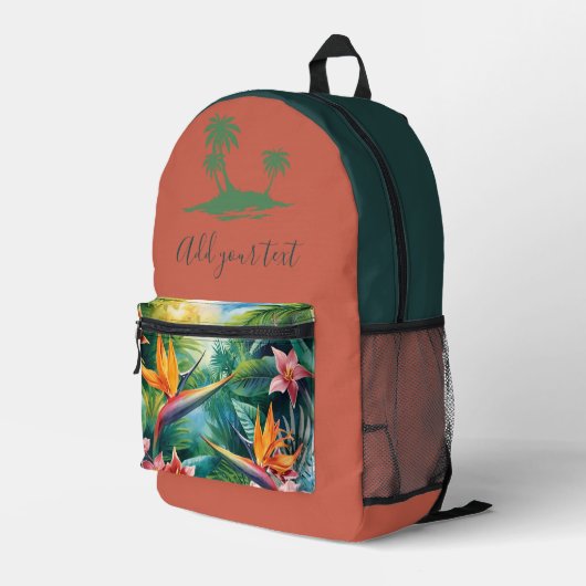 Personalised Tropical Backpack – Custom Name text  Bedrukte Rugzak (Achterkant Hoek Rechts)