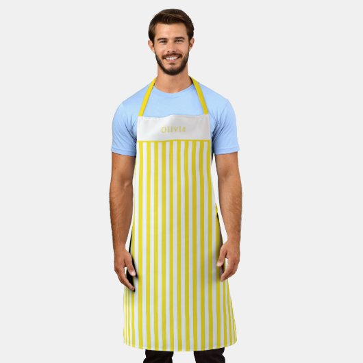 Personalised Yellow And White Stripe Pattern Apron Schort (Gedragen)
