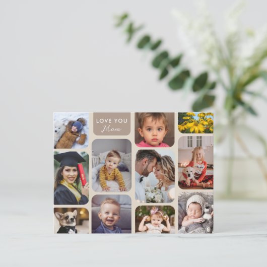 Personaliseer 11 foto's taupe modern Love You Mom Briefkaart (Staand voorkant)