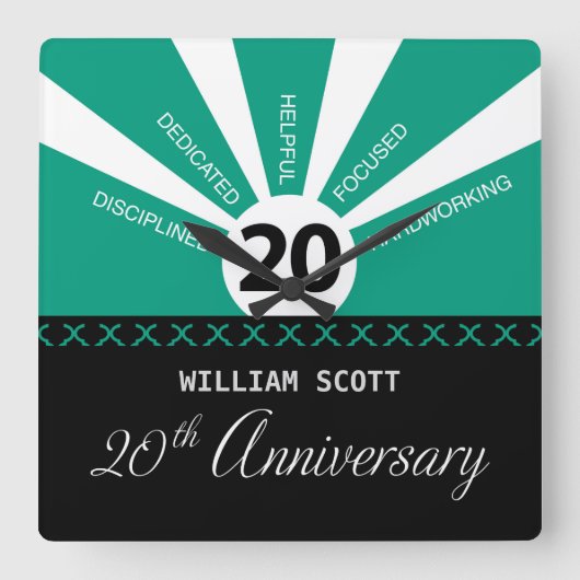 Personaliseer, 20e jaar Jubileum Bedrijfspersoneel Vierkante Klok (Voorkant)