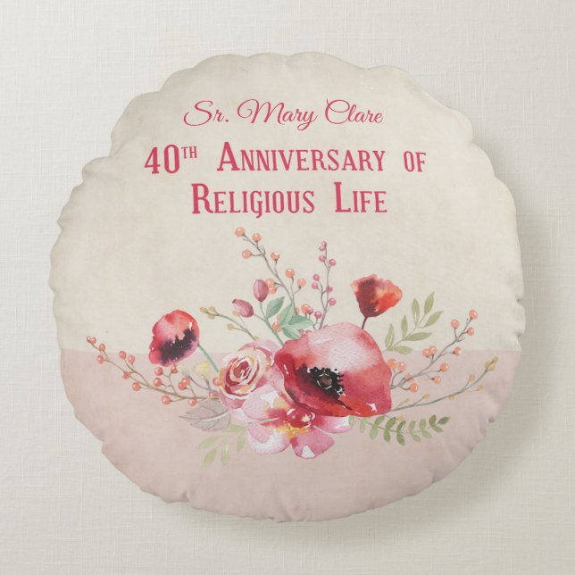 Personaliseer, 40e Jubileum Nun, Roze en Rond Kussen (Voorkant)