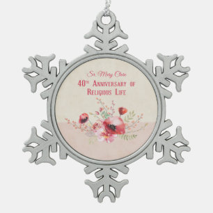 Personaliseer, 40e Jubileum Nun, Roze en Tin Sneeuwvlok Ornament