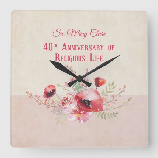 Personaliseer, 40ste Jubileum Nun, Roze en Vierkante Klok (Voorkant)