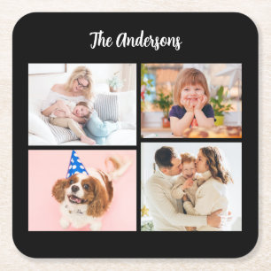 Personaliseer 4 familiefoto's en naam op zwart kartonnen onderzetters