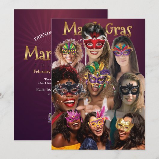 Personaliseer 9 foto maskerade maskers Mardi Gras Kaart (Voorkant / Achterkant)
