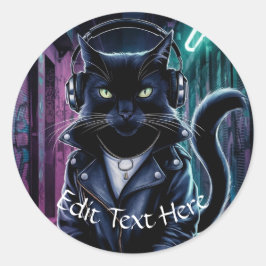 Personaliseer Aangepaste Black Cool Cat Hoofdtelef Ronde Sticker