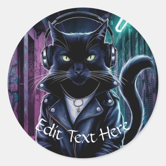 Personaliseer Aangepaste Black Cool Cat Hoofdtelef Ronde Sticker (Voorkant)