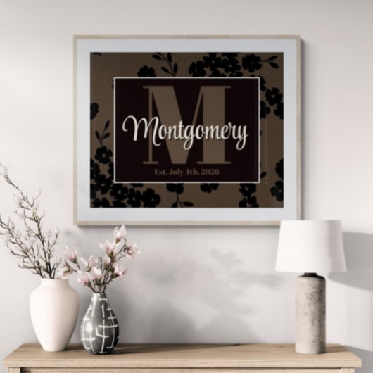 Personaliseer achternaam Print Zwart Bruin Bloemen