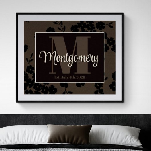 Personaliseer achternaam Print Zwart Bruin Bloemen