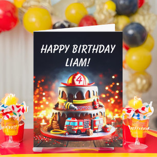 Personaliseer Age Firefighter Birthday Cake kunstw Kaart
