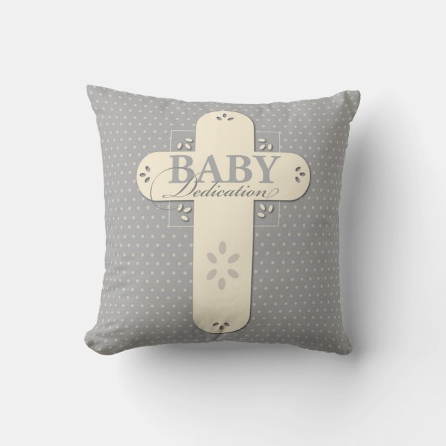 Personaliseer, Baby Dedication Cream & Grey Cross Kussen (Voorkant)