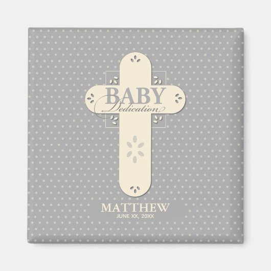Personaliseer, Baby Dedication Cream & Grey Cross Magneet (Voorkant)