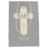 Personaliseer, Baby Dedication Cream & Grey Cross Medium Cadeauzakje (Voorkant)