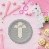 Personaliseer, Baby Dedication Cream & Grey Cross Papieren Bordje (Feest)