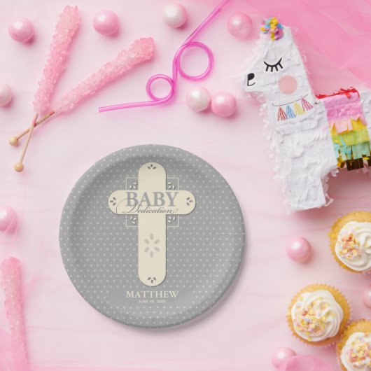 Personaliseer, Baby Dedication Cream & Grey Cross Papieren Bordje (Feest)