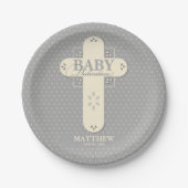 Personaliseer, Baby Dedication Cream & Grey Cross Papieren Bordje (Voorkant)