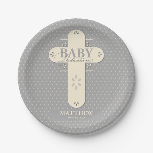 Personaliseer, Baby Dedication Cream & Grey Cross Papieren Bordje (Voorkant)