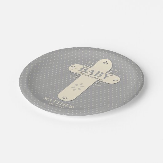 Personaliseer, Baby Dedication Cream & Grey Cross Papieren Bordje (Gekanteld)