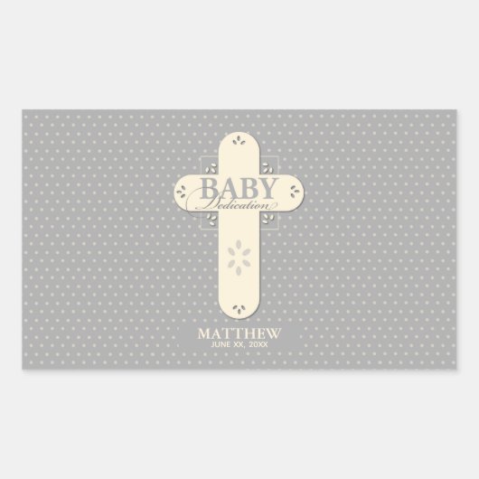 Personaliseer, Baby Dedication Cream & Grey Cross Rechthoekige Sticker (Voorkant)