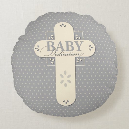 Personaliseer, Baby Dedication Cream & Grey Cross Rond Kussen (Voorkant)