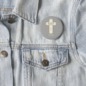 Personaliseer, Baby Dedication Cream & Grey Cross Ronde Button 5,7 Cm (In situ)
