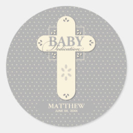 Personaliseer, Baby Dedication Cream & Grey Cross Ronde Sticker